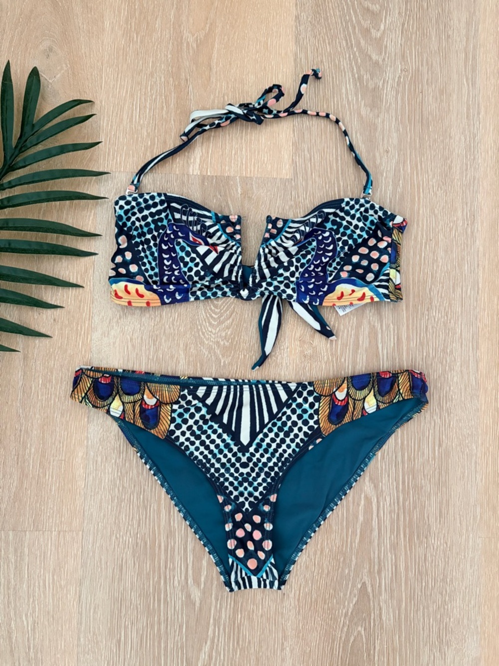 Mara Hoffman Teal Peacock Multicolor Bandeau & Hipster Bottom Bikini Set- Med